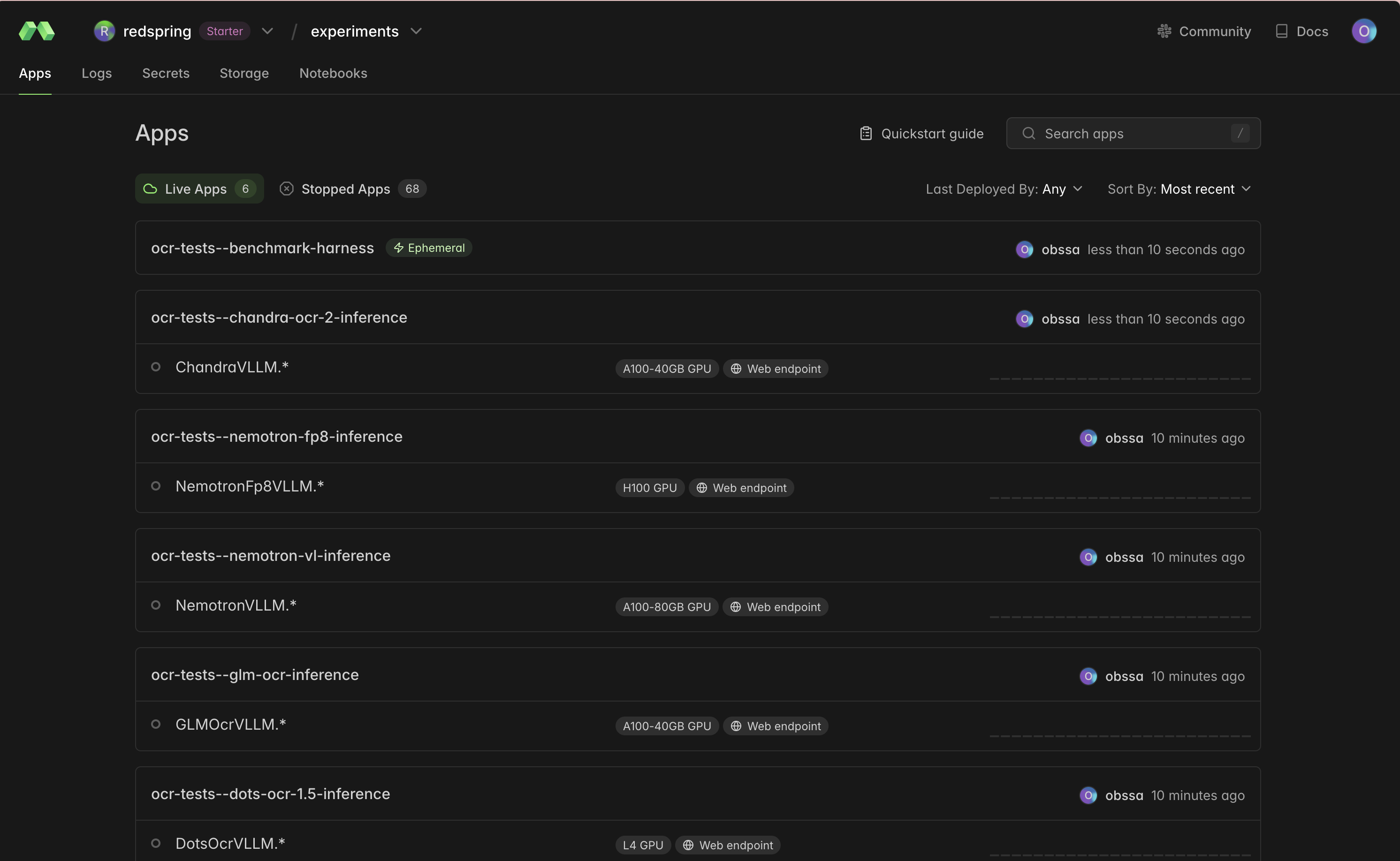Modal Apps dashboard showing the deployed OCR inference endpoints — chandra-ocr-2, nemotron-fp8, nemotron-vl, glm-ocr, and dots-ocr-1.5 — each with its GPU type and web endpoint.