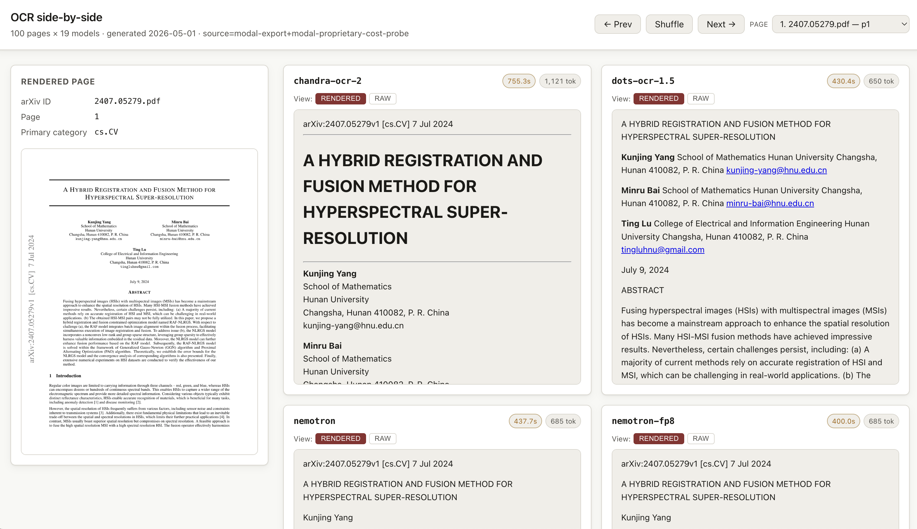 The OCR results viewer showing a rendered source page next to OCR output from chandra-ocr-2, dots-ocr-1.5, nemotron, and nemotron-fp8, with per-model latency and token counts.